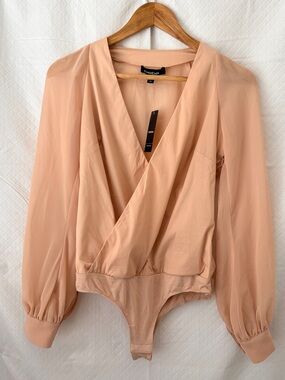 bebe Peach Wrap Bodysuit Top - Long Sleeve V-Neck